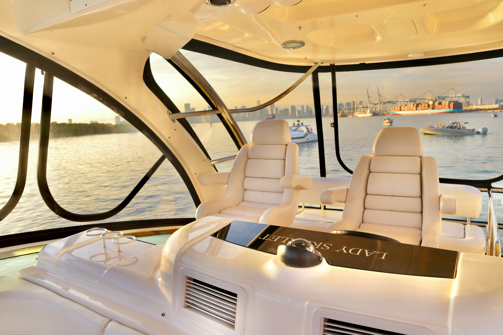 Enclosed helm of Lady Skarlet with views over Biscayne Bay